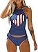 Women's American Flag Heart Two-Piece Tankini Set 4th of July Funny Graphic Drawstring Halter Summer Patriotic Swimwear Beach Vacation Swimsuits(XL,Blue-A)