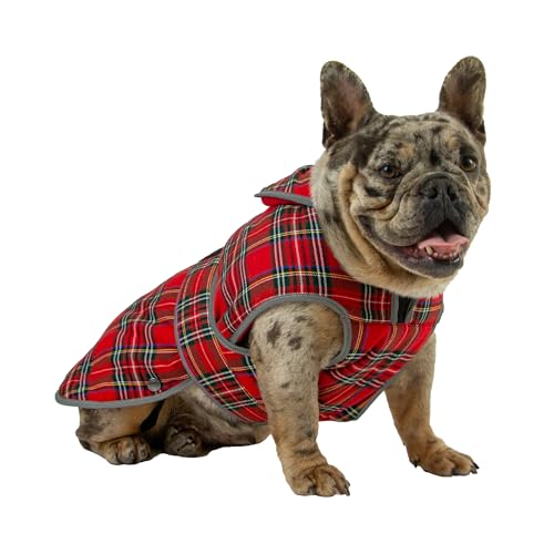 Ancol Heritage - Abrigo para Perro en tartán Rojo, Chaqueta con Forro Polar para Mascotas con Protector de Pecho y Agujero para arnés con Cremallera, Borde Reflectante para Cachorros, Talla S/M