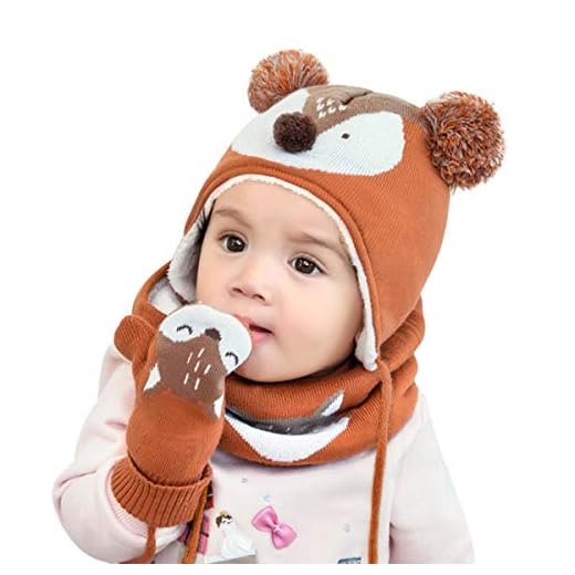 bufandas para bebes DORRISO Linda Niños Sombrero y Bufanda Guantes Otoño Invierno Primavera Gorro Bebe Calentar Pequeña Zorro Gorro Bufanda Guantes Conjunto Sombrero de Niño Naranja