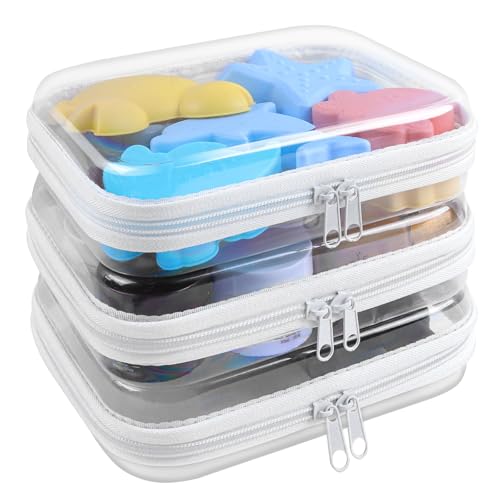Clear Hard Shell Zipper Case 3 Pack Transparent Storage Box Containers Makeup Pouches for Small Item Waterproof Cosmetic Organizer Bags for Travel Toiletries (White,10