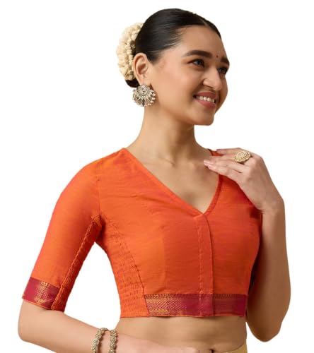 Image of Studio Shringaar Women's Handloom Cotton Stretchable (Smocked) Saree Blouse with Temple Zari Border