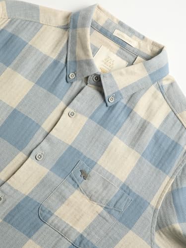Image of THE BEAR HOUSE Men Blue Checked Slim Fit Cotton Linen Casual Shirt