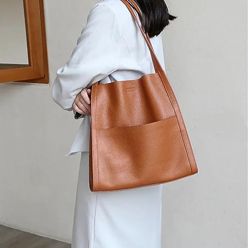 FETNHU Solid Color Simple Genuine Leather Shoulder Bag, Solid Color Simple Shoulder Bag for Women, Large Capacity Waterproof Handbag (Khaki)3