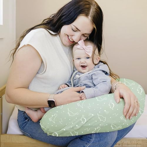 Image of Konssy 2 Pack Nursing Pillow Covers, Stretchy and Soft Nursing Cover for Breastfeeding Pillows, Pillow Slipcover for Baby Girls Boys Newborn (Dino Jungle, Sage)