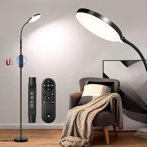 目に優しいフルスペクトルLEDフロアランプ、マグネット式リモコン＆ポールコントロール、調節可能なグースネック調光機能（3000K～6500K）、リビングルーム、寝室、オフィス、読書に最適な安定したベース、ブラック