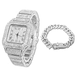 Halukakah Men's Watch - The King - Platinum Plated, 40MM Square Dial, Iced Out Wristband,with Cuban Link Chain Bracelet 8' Set, Comes in Giftbox