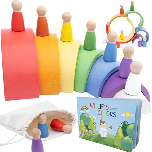 Montessori Wooden Rainbow Nesting Toy: Open-Ended Wooden Stacking Set with Arches Peg Dolls & Story Book for Emotional Intelligence & Creative Play | Ages 3+ | 16 pcs | Premium Beechwood