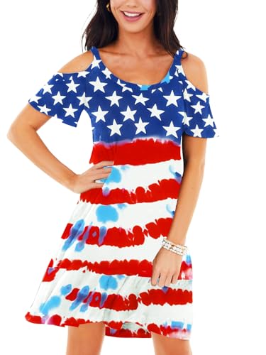 Image of Deerose Womens 4th of July Dresses Cold Shoulder American Flag Tie Dye A-Line Dress with Pockets