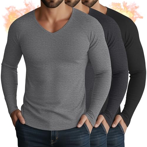 Sweetyweee 3 Pack Men's Thermal Shirts Big and Tall Fleece Lined Long Sleeve V Neck Base Layer Raglan Curved Hem Warm Tops(Black, Dark Mixed Gray, Light Mixed Gray,X-Large)