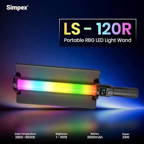 Image of Simpex LS-120R 20W RGB Light Stick LED Video Light with 4000mAh Rechargeable Battery, OLED Display, Crown Button Control, 2800K-8500K, CRI95+ & FX Effects for Photography & Live Streaming(Black)