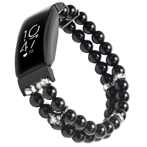 iLVANYA Compatible for Fitbit Inspire HR/Inspire 2 & Inspire Bands Women Elastic Handmade Pearl Bracelet Fashion Beaded Strap Bracelet for Inspire Hr/Inspire 2 (Black)