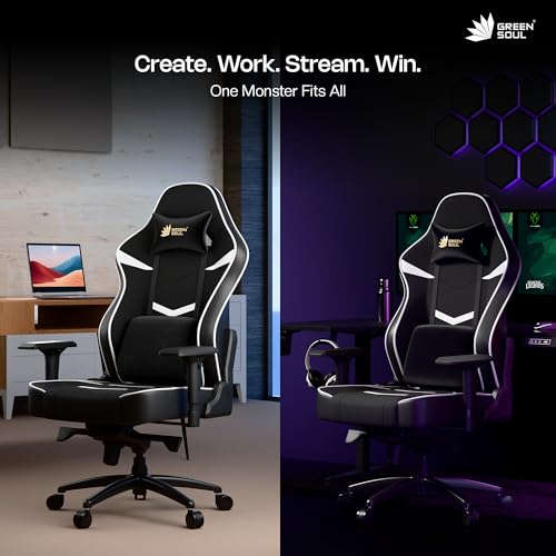 Image of Green Soul Monster Ultimate Series T| Multi-Functional Ergonomic Gaming & Office Chair|Premium Spandex & PU Leather Fabric | Adjustable Neck, Lumbar Pillow | 4D Adjustable Armrests (Black White)