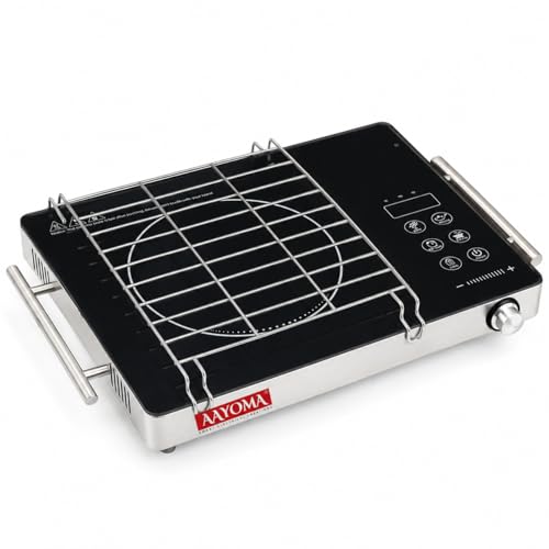 Image of 2200W Infrared Cooktop Stove with Grill and Overheat Protection, Crystal Glass Plate with Steel Handle Bars, Digital Display, Touch Control & Knob Control, Infrared Hot Plate | 1 Year Warranty