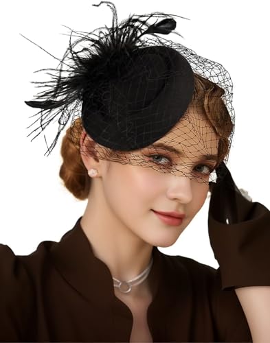 Women\'s 20s 50s Mesh Veil Feather Pillbox Fascinator Hat for Wedding Tea Party Kentucky Durby Funeral Fascinators with Headband and Clip Black