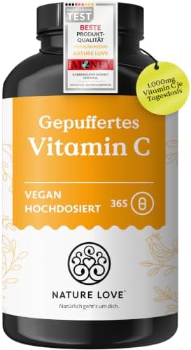 NATURE LOVE® Gepuffertes Vitamin C - Hochdosiert mit 1000mg Vitamin C je Tagesdosis - 365 Kapseln - pH-neutral & gut verträglich - Vegan