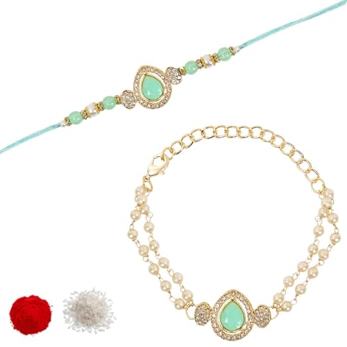Image of I Jewels Designer Kundan Pearl Bhaiya Rakhi With Roli Chawal for Brother /Bro /Men with Rakshabandhan Card
