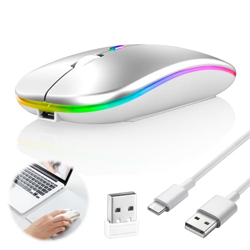 1PC Wireless Bluetooth Mouse for Macbook Laptop Rechargeale Computer Mouse 2.4G Hz Bluetooth 5.2+USB A+USB C Dual Receivers Mice-1600DPI LED Quiet Click Office Mice for Windows Mac iPad Silver