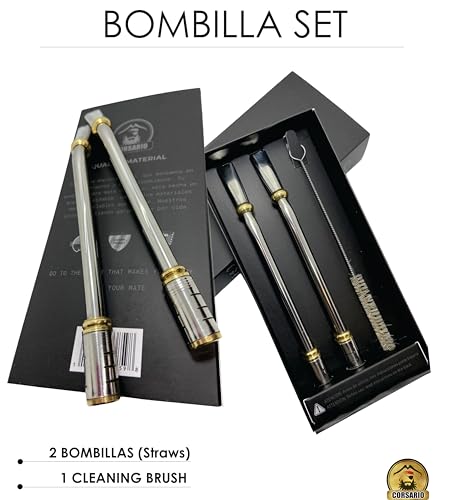 CORSARIO [NEW] Set of 2 Premium - Bombilla Mate - Stainless Steel Straws - Mate Bombilla with removable head filter - Yerba Mate Straw - Straw cleaner brush Included - 6.69'' long (17 cm)