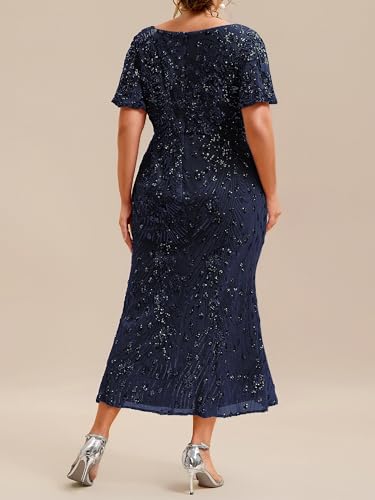 Image of Ever-Pretty Plus Women's Sequin V Neck Plus Size Prom Dress Mermaid Formal Cocktail Evening Dresses for Curvy Women