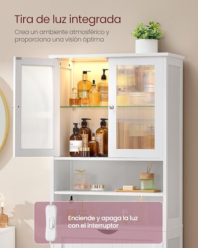 VASAGLE Armario de Almacenamiento con Iluminación, Armario de Baño, con Estantes Ajustables, Cajón, Compartimentos Abiertos, para Baño, Sala de Estar, Comedor, Blanco Nube BBC767W03 - imagen 4