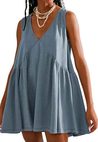 Image of Sleeveless Mini Dress for Women 2026 Summer Casual V Neck Sundress Loose Babydoll Dress with Pockets