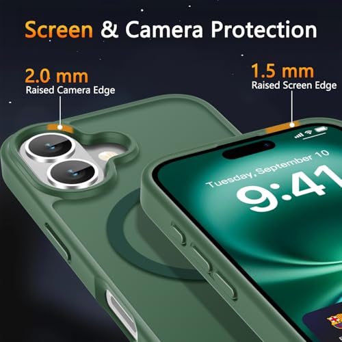 Image of LATVIN for iPhone 16 Plus Case, Magnetic Phone Cover, Compatible with MagSafe, Military Grade Protection, Translucent Matte Frosted Back, Dark Green