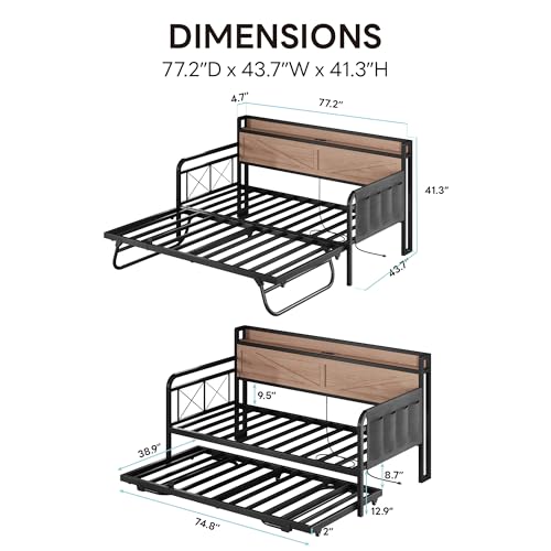 Image of LIKIMIO Twin Daybed, Day Beds with Pop Up Trundle, Storage Headboard with Charging Station, Strong Supports for Apartment and Other Small Space, Wood Color