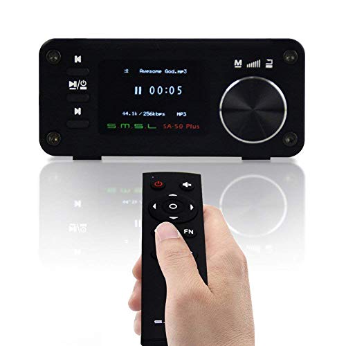 SMSL SA-50 Plus 50WX2 HiFi Amplifier/DAC/Music Player w/Remote Control,Digital Power Amplifier,TAS5766M, OLED Display, USB/SD Reader, 3.5mm AUX/Optical Input Jack, Full Digital Black