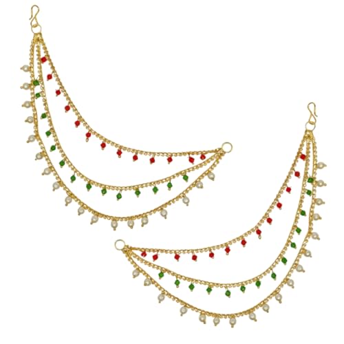 Image of Traditional Gold Plated Alloy Ear Chain Pair with Kundan & Pearl Dangling Design | 3 Layer Bridal Ear Chain for Women
