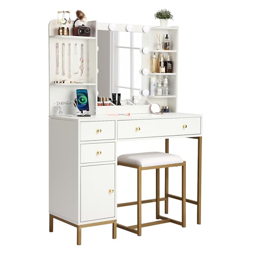 White Vanity Desk Set with Stool Mirror Lights 3 Color Lighting Dressing Table Makeup Station Charging Ports Large Beauty Desk for Bedroom Vanity Area