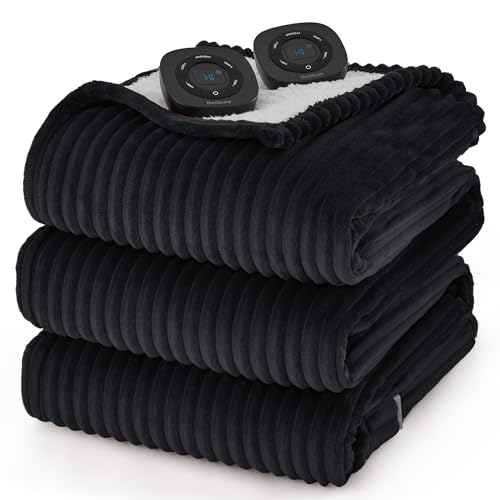 Image of Bedsure GentleSoft Electric Blanket Queen Size - Soft Ribbed Flannel Heated Blanket with Dual Control, Heating with 10 Heat Settings & 10 Time Settings, 8 hrs Timer Auto Shut Off (84x90 inches, Black)