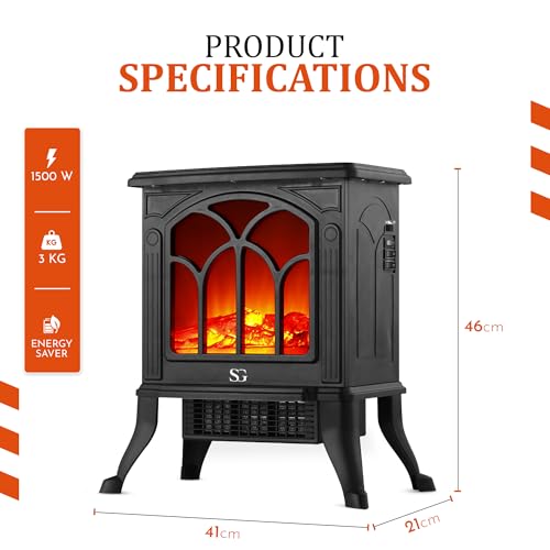 SG Traders Electric Fireplace Stove Heater - 1500W Electric Stove with Wood Burner Effect for Living Room, 3D Flame, electrifying fireplace, 2 Heat Settings, Adjustable Thermostat, L41xW21xH46cm-BLACK