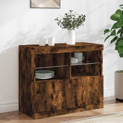 Runheo Buffet chêne fumé avec lumières LED RVB 81x37x67 cm Meuble Rangement Salon Cuisine Buffet bahut avec tiroirs Niche et étagères pour décoration et Vaisselle