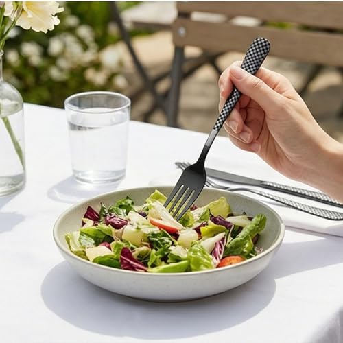 Image of 8.1 inch Charcoal Black Dinner Forks Set of 5 with Checks Printed Handle ? Durable Stainless Steel Silverware, Mirror Polished Forks, Perfect for Home, Restaurant, and Gifting