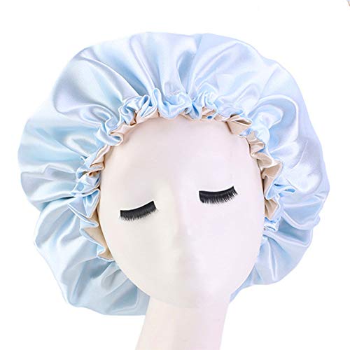 Cospack Satin Bonnet Sleep Bonnet Cap - Extra Large Double Layer Reversible Adjustable Satin Cap for Sleeping Hair Bonnet (L.blue+Beige)