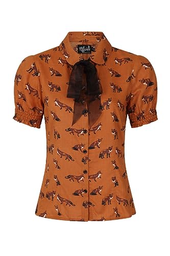 Blusa Vintage Mujer con Estampado de Zorros – Lazo en el Cuello, Estilo Retro y Color Naranja Único