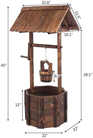 Outdoor Wooden Wishing Well with Hanging Bucket,Rustic Flower Planter Patio Garden Ornamental, Rustic Flower Plants Planter Patio Garden