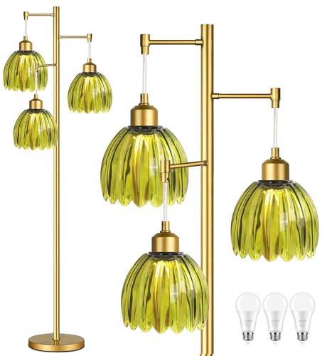 QIYIZM Gold Floor Lamp with Green Glass Flower Shade
