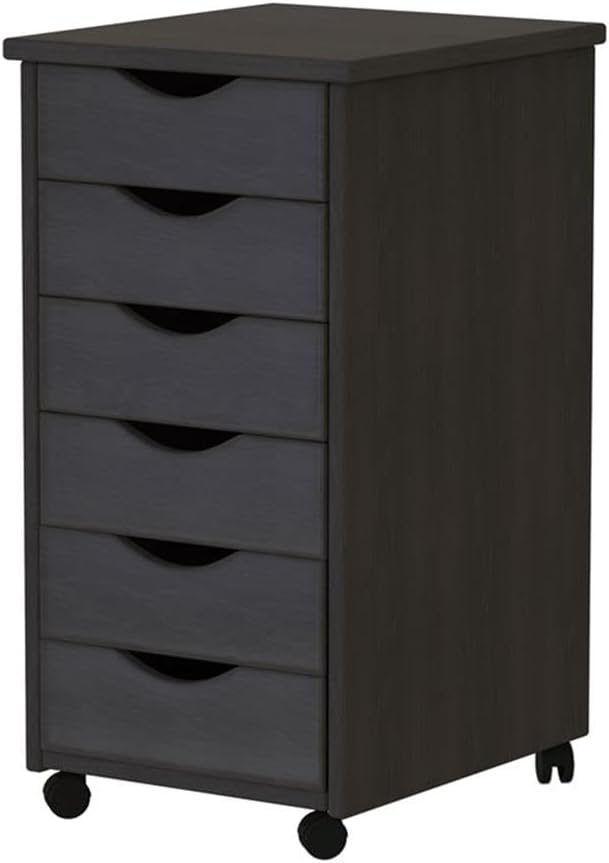 Pemberly Row Modern Solid Wood 6-Drawer Roll Utility Cart, Black Finish, L 15.25 x W 13.25 x H 25.75 in, Durable Pine Wood, Mobile Storage for Home Office, Crafts, Kitchen, Compact & Spacious Design