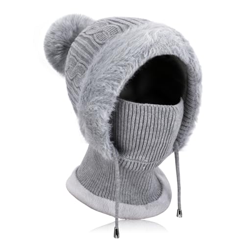AYPOW Winter Warm Strickmütze Halswärmer-Sets Damen, 3 in 1 Beanie Wintermütze mit Weiches Thermo Fleece Gefüttert, Multifunktional Verstellbar Sturmhaube Gesichtsmaske Frauen für Outdoor-Sportarten