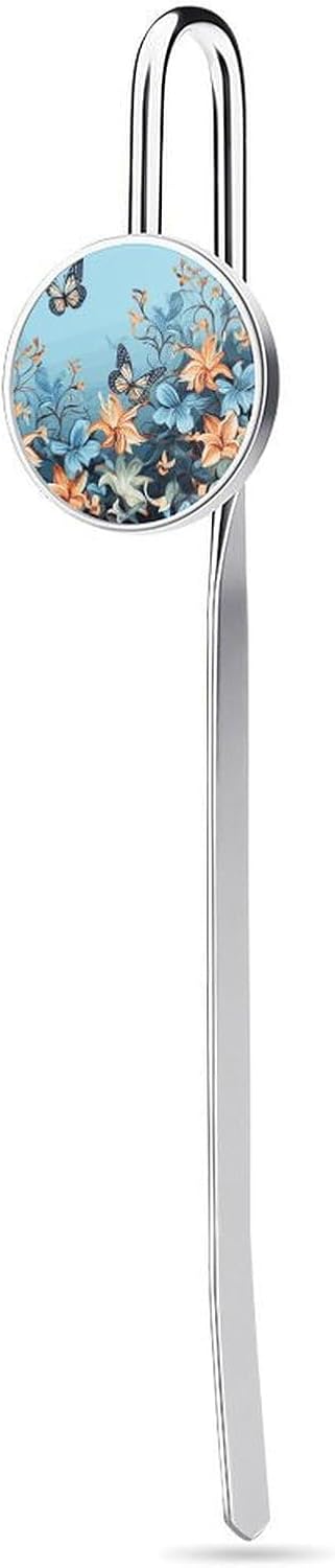 1″ Personalized Metal Bookmarks Blue Butterfly Floral Printed Cool Bookmarks for Women Vintage Bookmark Hook Book Clip for Bookworm Bookmate Gift