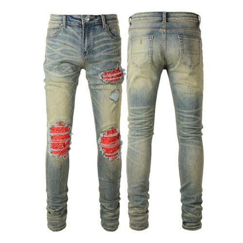 Jeans Pants Trouser Denim Men Stretch Slim Fit Trendy Street Washed Blue Worn Hole Grinding Fading Retro Piercing Casual Small Foot(Light Blue,29)4
