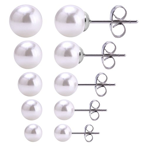 CrazyPiercing 5 Pairs Stud Pearl Earrings, Assorted Sizes Ball Stud Earrings, 4mm, 5mm, 6mm, 7mm, 8mm Round Ball Stainless Steel Earrings Pin