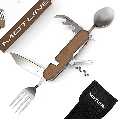 MOTUNE® 6 in 1 Campingbesteck aus hochwertigem Walnussholz - Camping Tool mit Besfestigungsring - Outdoor Besteck - Multitool Klappbesteck - Reisebesteck mit Gürteltasche thumbnail