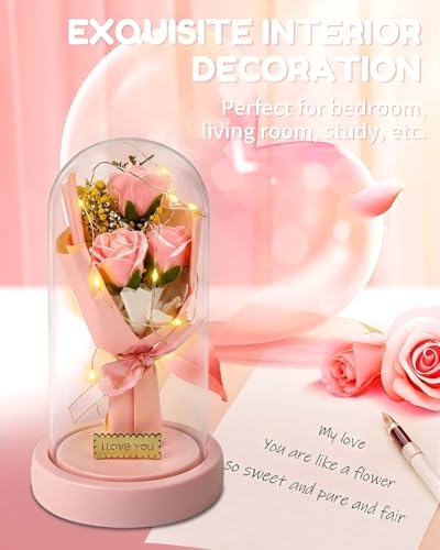 Image of Artificial Crochet Flower Bouquet Handmade Cotton Flowers Bunch for Home Decor, Gift for Girls, Wedding, Festival Decoration, Long Lasting Floral Arrangement (I Love You (Pink Rose))
