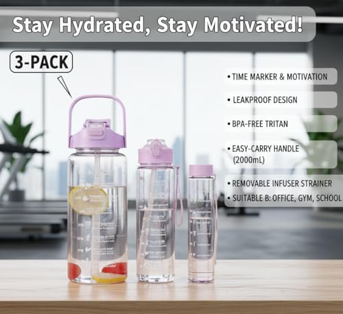 Image of zEdx Combo Pack of 3 Motivational Water Bottles with Time Marker | 2L, 900ml & 300ml BPA Free Sipper | Food-Grade Plastic | Leakproof for Home, Office, Gym & Travel
