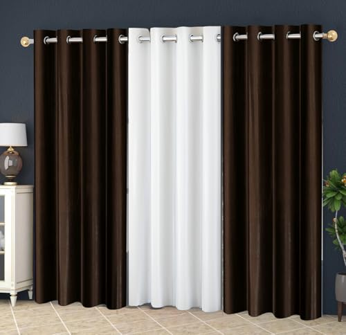 Image of Eyelet Polyester Modern Solid Crush Set of 3 Pcs. Window Curtains (5 Feet, 2 Coffee Brown + 1 White)