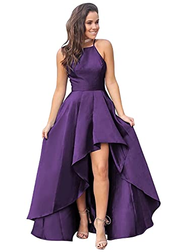 homdor High Low Prom Dress Satin Halterneck A Line Formal Evening Gown Wedding Guest Party Cocktail Dress with Pockets