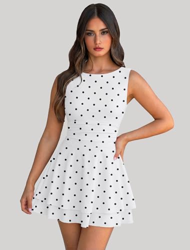 Image of IWD Women's Boat Neck Sleeveless Mini Dress Ruched Waist Flowy Tiered Ruffle Hem A Line Party Short Dresses