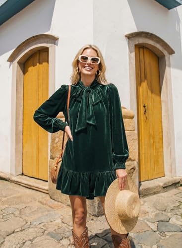 Dokotoo Mini Dresses for Womens 2026 Casual Long Sleeve Tie Neck Ruffle Hem Loose Shift Dress Fall Summer Vacation Beach Babydoll Velvet Wedding Dress Fashion Clothes Outfits Four Leaf Clover L — view 5